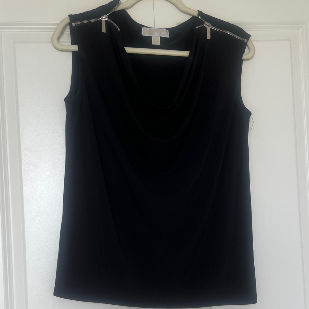 Black Sleeveless Drape Neck Top with Silver Shoulder Zippers